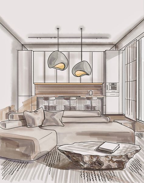 Modern living interior rendering by Claudia McBain Designs. #home #interiordesign #interior #room #architecture #interiordesignideas Architecture Drawings, Design, Interior, Dekorasyon, Modern, Uni, Architectural Sketch, Interior Architecture Sketch, Drawing Interior