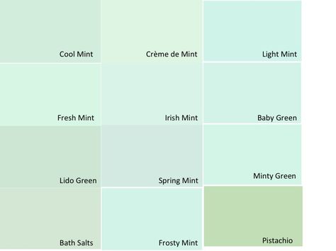 Benjamin Moore mint green paint swatches. I created this to help choose a nursery color. I am leaning toward Fresh Mint, Creme de Mint, or Cool Mint personally.