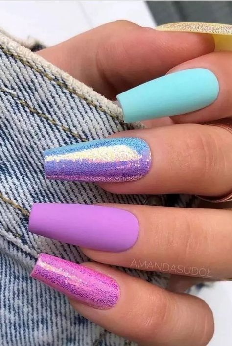 Unicorn Nails Designs, Pink Blue Nails, Unicorn Nails, Purple And Pink Nails, Teal Nails, Lilac Nails, Pink Nail Designs, Purple Glitter Nails, Blue Glitter Nails