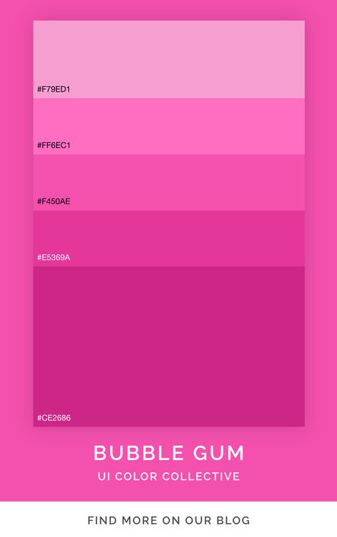 Pink color palette inspiration that comes from bubble gum. Use in marketing design and graphic design projects. Created by the UI color collective. Apps, Pink, Pantone, Pink Color Chart, Pink Color Palettes, Color Codes, Color Palette Design, Brand Color Palette, Color Design