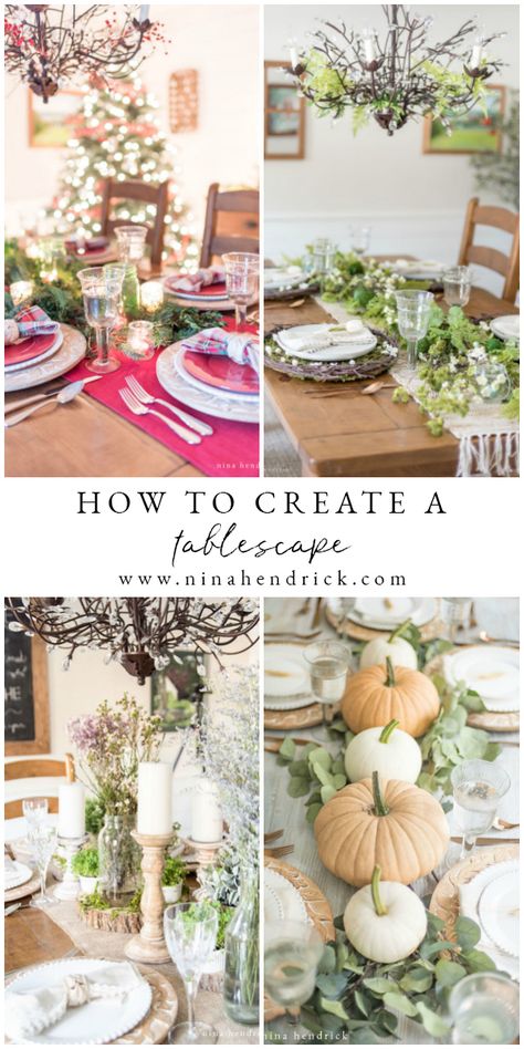 Learn how to create a tablescape with these step-by-step instructions! Tablescapes are the perfect way to decorate and celebrate for memorable occasions. Home Décor, Design, Brunch, Centrepieces, Tables, Table Setting Inspiration, Diy Tablescapes, Thanksgiving Tablescapes, Centerpieces