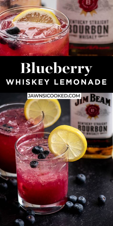 This easy, fresh and delicious Blueberry Whiskey Lemonade combines fresh blueberries, fresh lemon juice, bourbon whiskey and a bit of sugar for an easy and refreshing cocktail! Use Jim Beam or your favorite bourbon whiskey for a crisp and tart bourbon lemonade great for company, or a relaxing evening drink. Tart, Blueberries, Fresh, Alcohol, Whiskey Lemonade, Bourbon Drinks Recipes, Bourbon Drinks, Lemonade Cocktail, Refreshing Cocktails