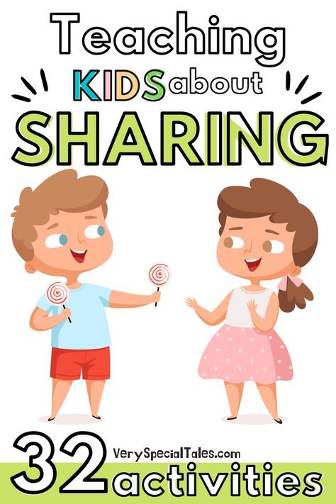 Kids sharing lollipops and a title that reads "Teaching Kids about Sharing. 32 Activities" Lessons For Kids, Social Skills For Kids, Sharing Is Caring Activities Kids, Preschool Social Skills, Life Skills Activities, Teaching Social Skills, Social Skills Activities, Teaching Toddlers, Social Skills Games