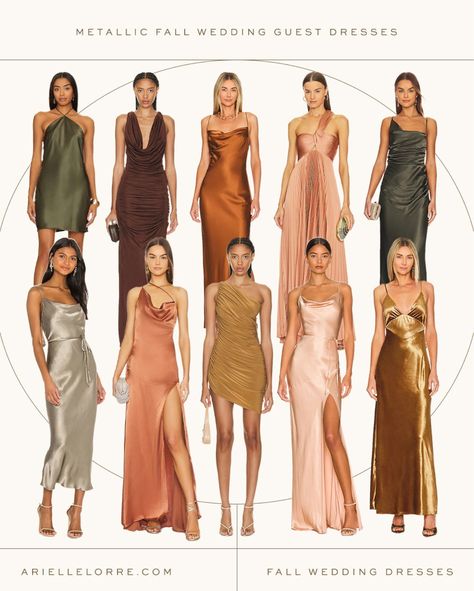 If you have a fall wedding coming up, check out some of these fall wedding guest dresses! I love that they're a silky satin fabric, they almost look metallic. Make a statement without showing up the bride in one of these dresses this fall. Tap to shop! Outfits, October Wedding Guest Dress, Fall Wedding Guest Dress, Fall Wedding Guest Outfits, Fall Bridesmaids, Fall Wedding Dresses, Fall Wedding Guest, Wedding Guest Outfit Fall, Winter Wedding Dress Guest