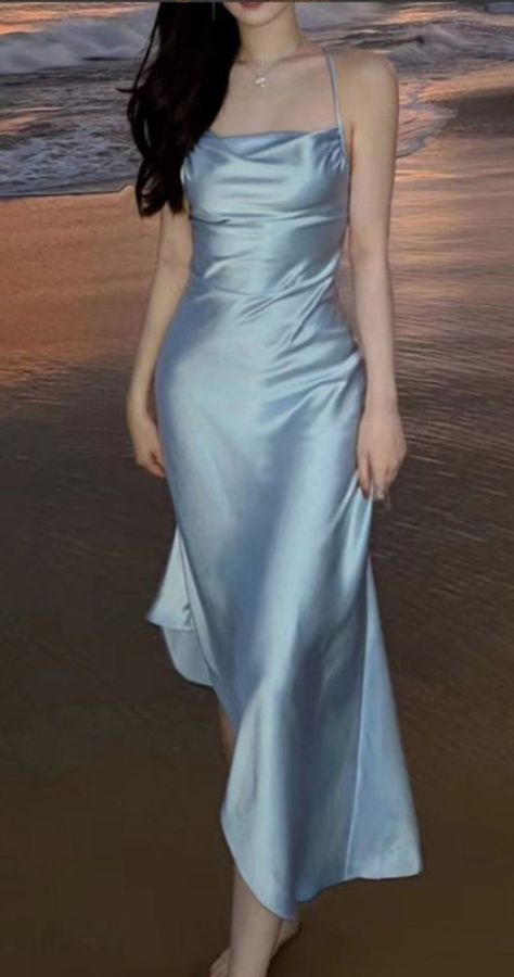 Aesthetic Blue Halter Silk Satin Maxi Dress. https://pradize.com/collection/classy-evening-maxi-dresses-long-formal?menu=