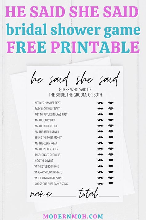 FREE He Said She Said printable game card including detailed instructions on how to play and extra tips for playing! #hesaidshesaidbridalshowergame #freehesaidshesaidbridalshowergame #ModernMaidofHonor #ModernMOH Bridal Shower Games, Play, Derby, Bridal Shower Games Funny, Bridal Shower Games Prizes, Wedding Shower Games, Bridal Shower Activities, He Said She Said, Bridal Shower Planning