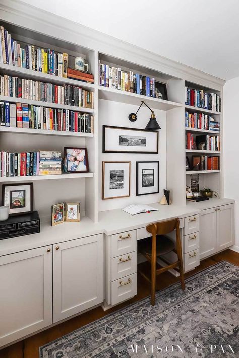 Considering built-in bookshelves with desk space? Get all the details on designing one for your home office space! Design, Home, Studio, Home Office, Home Décor, Built In Desk And Shelves, Built In Bookcase, Home Office Built Ins With Desk, Built In With Desk