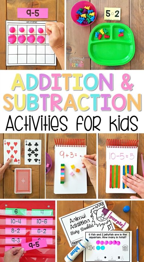 The ultimate spot for addition and subtraction to 20 activities for kids in Kindergarten and first grade. Tons of ideas and resources to teach children strategies for building math fact fluency, ways to solve word problems, and activities and games kids will love! A FREE printable addition equation sort activity is included!  via @proud2beprimary Pre K, First Grade Maths, 2nd Grade Math, Math For Kids, First Grade Math, Kindergarten Math, Math Activities, Teaching Math, Elementary Math