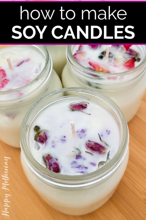 Learn how to make soy candles with pretty dried flowers in this easy step-by-step candle making tutorial. Directions for scenting with fragrance oils or essential oils. Huge Q&A section with tips with success the first time you make your own DIY soy wax candles. Make great gifts and burn beautifully! Diy, Gardening, Decoration, Soy Candle Making, Homemade Soy Candles, Homemade Scented Candles, Candle Making Recipes, Soy Wax Candles Diy, Diy Soy Candles