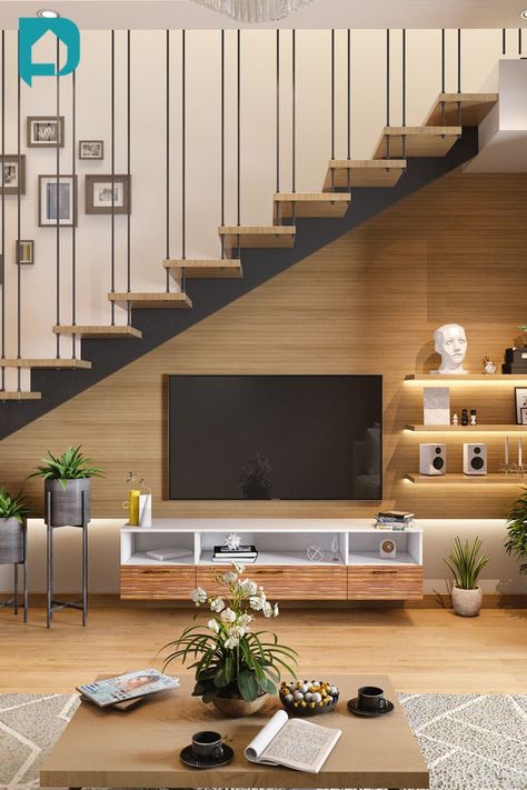 For duplex homes, the staircase is an important element. While traditionally, the space under the stairs is used to store miscellaneous household items that need to be hidden away, the times are changing. Here are Gorgeous TV units under staircase designs for your living room. Read on! Design, Modern, Wallpaper, Interieur, Sala, Arquitetura, Staircase Design Modern, Staircase Design, Modern Stairs