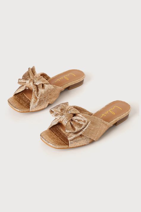 Rose Gold Sandals - Metallic Slides - Gold Bow Slides - Lulus Sandals, Peep Toe, Rose Gold, Converse, Bow Sandals, Sandals Heels, Sandal Heels, Shoes Sandals, Gold Sandals