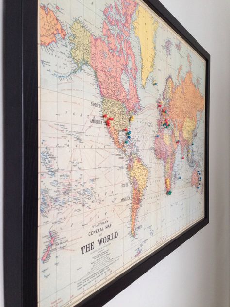 Vintage map of the world with pins of where we have been! :) Vintage, Retro, Interior, Travel Wall, Map Bedroom, World Map Bedroom, Travel Decor, Vintage World Maps, Map Decor
