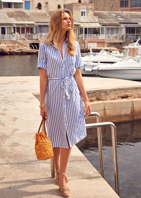 Blue White Striped Button Front Shirt Dress with Tie Waist Shirts, Casual, Outfits, Striped Shirt Dress, Striped Summer Dresses, Striped Shirt Dress Outfit, Button Down Shirt Dress, Striped Dress Summer, Shirt Dress Summer