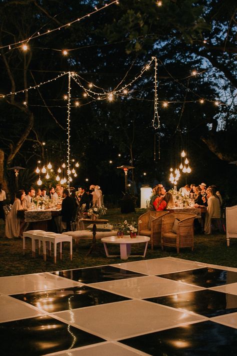 Checkered reception dance floor with hanging lights Wedding Venues, Forest Wedding, Backyard Wedding, Outdoor Wedding, Outdoor Wedding Reception, Outside Wedding, Destination Wedding, Summer Wedding Outdoor, Chill Wedding