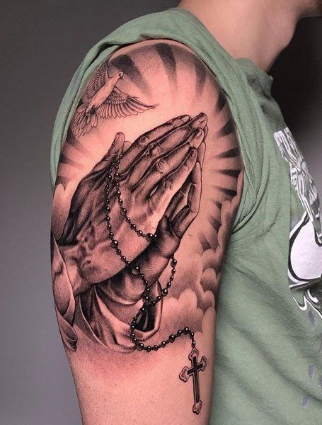 Tattoo, Hand Tattoos, Arm Tattoos, Religious Tattoo Sleeves, Praying Hands Tattoo Design, Pray Tattoo, Cross Tattoo For Men, Praying Hands Tattoo, Hand Tattoos For Guys