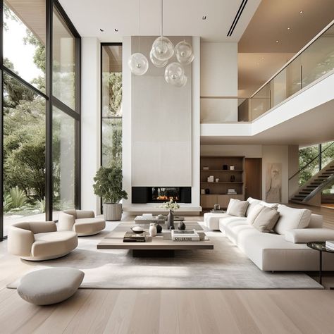 In this contemporary house, the living room’s modular sofas and indoor trees create a welcoming environment. Interior, Contemporary Interior, Contemporary Interior Design, High Ceiling Living Room, Contemporary House Interior, Contemporary House Design, Interior Design Living Room, Modern Minimalist Living Room, Modern Houses Interior