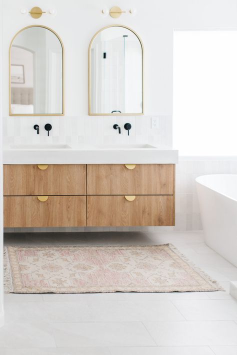 6 Floating Bathroom Vanities For Spaces Both Big and Small- SemiStories Bathrooms With Floating Vanities, Floating Bathroom Vanity Modern, Double Vanity Master Bath Ideas, Wood Look Bathroom Vanity, Wooden Floating Bathroom Vanity, Godmorgen Ikea Bathroom, Arched Bathroom Mirrors, Scandinavian Bathroom Vanity, Small Bathroom Without Windows