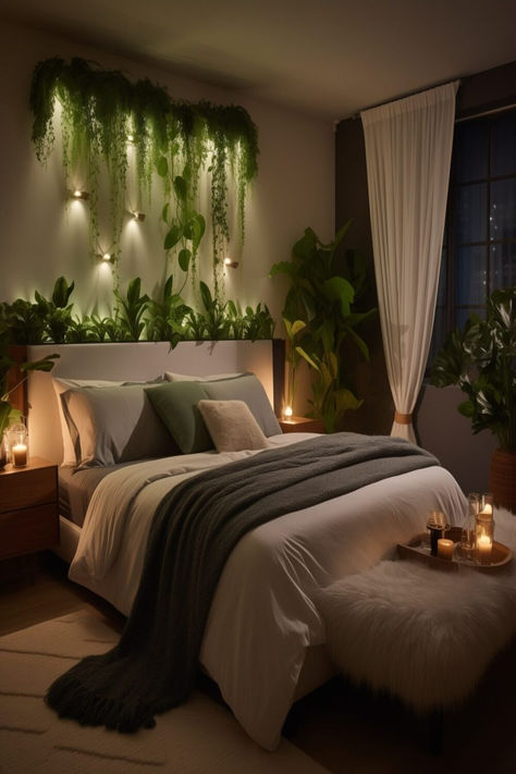 An intimate and greenery-filled apartment bedroom with subtle lighting, providing a serene environment for couples. Bedroom Plants Decor, Couples Room Decor, Couple Room Decor Ideas, Green Room Ideas Bedroom, Bedroom Decor For Couples, Couple Bedroom Decor Ideas, Bedroom Inspirations Plants, Home Decor Bedroom, Bedroom With Plants