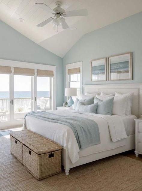 Interior, Home Décor, Coastal Blue Bedroom, Beach Bedroom Colors, Blue Coastal Bedroom, Beach Bedrooms Coastal Style, Beach Bedroom Ideas Coastal Style, Seaside Bedroom Ideas Coastal Style, Beach Bedding Coastal Style