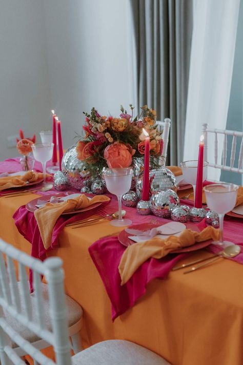 Stylish Pink & Orange Wedding Tablescape Wedding Decor, Brunch, Pink Table Settings, Orange Wedding Decorations, Pink Orange Wedding Decor, Wedding Tablescapes, Orange Centerpieces, Table Runners Wedding, Orange Wedding Themes