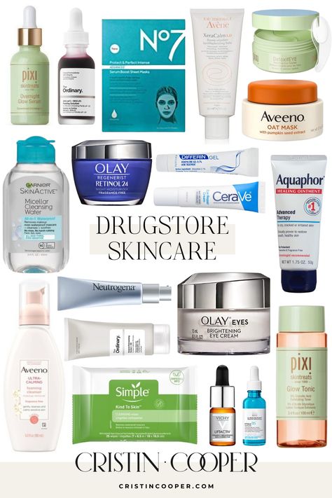 The best drugstore skincare including drugstore face wash and cleansers, drugstore eye cream, drugstore moisturizer, drugstore serums and treatments, drugstore retinol. What skincare products to spend money on and what to get at the drugstore | Cristin Cooper Blog Fitness, Balayage, Glow, Best Skincare Products Drugstore, Drugstore Skincare Routine, Drugstore Skincare, Best Drugstore Moisturizer, Best Drugstore Face Moisturizer, Drugstore Facial Cleanser