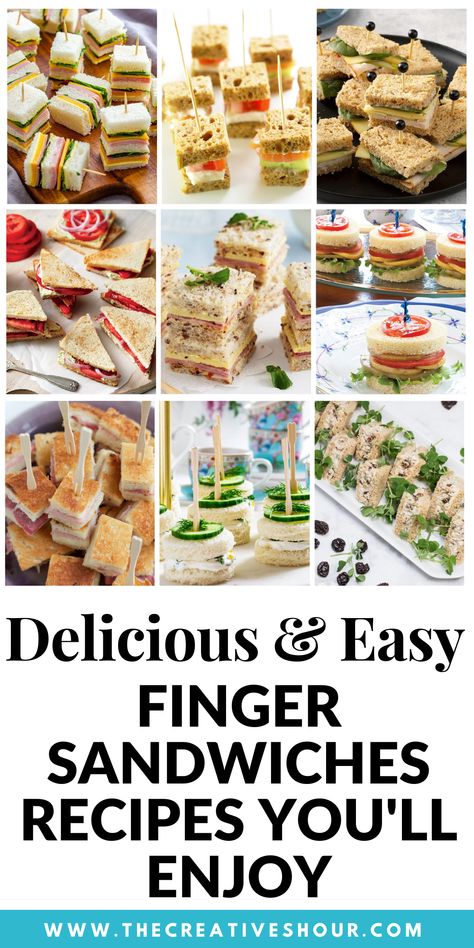 With so many delicious finger sandwiches, you will find the perfect appetizer for your next event. These delightful finger sandwiches have everything from classic cucumber sandwiches to savory vegetarian options. Click here for more delicious finger sandwiches, finger sandwiches for a crowd, finger sandwiches for appetizers, finger sandwiches for bridal showers, easy & vegetarian finger sandwiches recipes, finger sandwiches for the tea party, finger sandwiches for Hawaiian party rolls. Sandwiches For Afternoon Tea, Pb J Sandwiches Ideas Party, Mini Party Sandwiches, Mini Sandwiches Kids, Tea Party Sandwiches Finger Foods, Tea Sandwich Recipes, Mini Deli Sandwiches, Sandwiches For Parties, High Tea Recipes