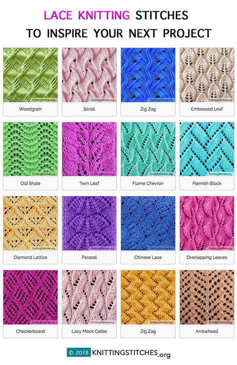 20 Featured Eyelet and Lace Stitches - Knitting Stitches Crochet, Lace Knitting Stitches, Knitting Charts, Knitting Stitches, Lace Knitting Patterns, Knitting Techniques, Knit Stitch Patterns, Knitting Stiches, Shawl Knitting Patterns
