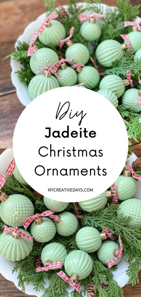 These DIY Jadeite Christmas Ornaments are so easy to make and give the look of vintage jadeite glassware that is so pretty and popular. Decoration, Crafts, Natal, Inspiration, Popular, Diy Xmas Ornaments, Diy Christmas Ornaments Easy, Diy Christmas Ornaments, Handmade Christmas Ornaments