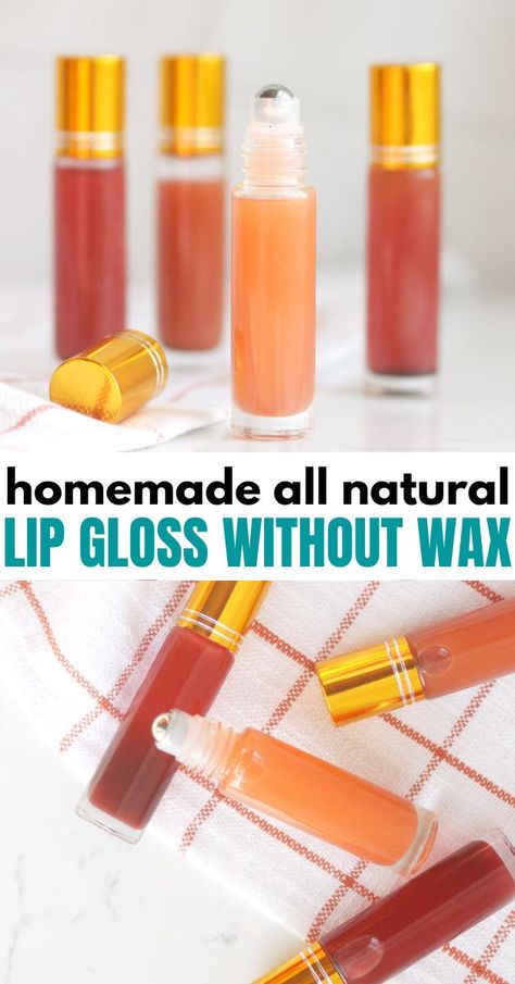How to make easy DIY lip gloss without beeswax or any wax at all. You only need a few all natural ingredients like coconut oil, vitamin E oil and a few drops of your favorite essential oil to scent it. This homemade lip gloss makes a great gift too! DIY, homemade makeup, all natural recipe Lip Gloss, Perfume, Scrubs, Homemade Beauty Products, Homemade Skin Care, Diy Lip Balm Recipes, Homemade Lip Balm Recipe, Homemade Lip Balm, Homemade Beauty