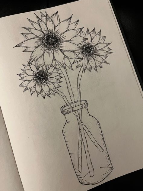 Sunflowers, glass jar Tattoo, Paintings, Flower Art Drawing, Sunflower Sketches, Sunflower Drawing, Flower Drawing, Watercolor Sunflower, Botanical Drawings, Watercolor Rose
