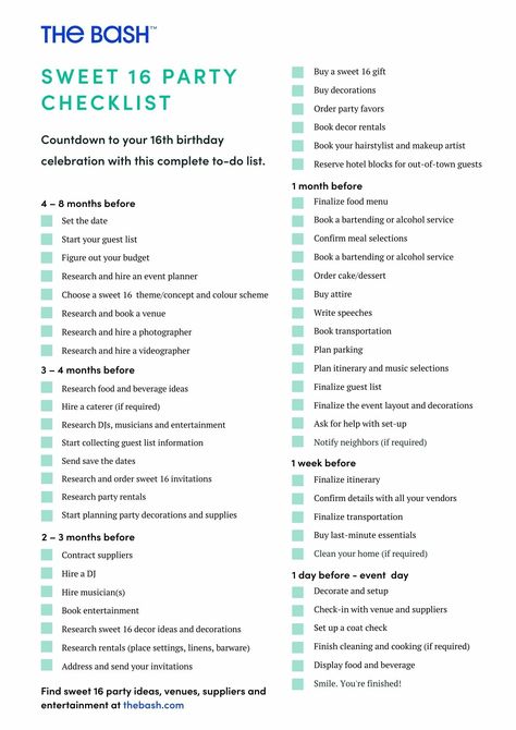 Party Planning Checklist, Party Checklist, Party Planning, Birthday Party Planning Checklist, Sweet 16 Party Planning, Birthday Party Checklist, Birthday Party Planning, Party Planner, Sweet Sixteen Parties
