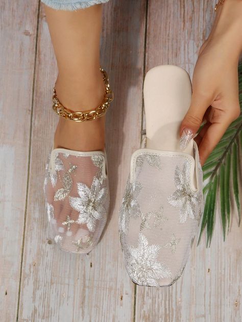 Diy Wedding Shoes Flats, Wedding Dress With Sandals, Comfortable Bridal Shoes, Lace Bridal Shoes, Mesh Flats, Square Toe Shoes, Lace Shoes, Wedding Sneakers, Beaded Shoes