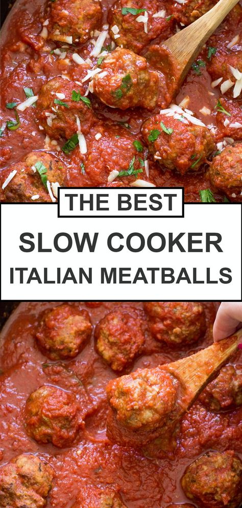Nothing is better than comfort food made from scratch, especially when the recipe is this easy! These super tender Slow Cooker Italian Meatballs are loaded with parmesan cheese, fresh parsley and garlic. Made with beef and pork and simmered in a homemade marinara sauce, they’re melt in your mouth delicious. Weeknight friendly and kid approved, these authentic crockpot Italian meatballs will become an instant favorite. #italianmeatballs #slowcooker Crockpot Recipes Slow Cooker, Meatball Recipes Crockpot, Crockpot Dinner, Homemade Meatballs Crockpot, Crock Pot Meatballs, Slow Cooker Meatballs, Slow Cooker Recipes, Crockpot Recipes, Meatball Recipes Easy