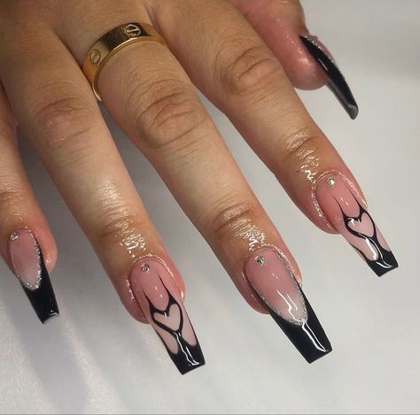 black french tip nails with thin silver line and two black graphic hearts Trendy Nails, Classy Acrylic Nails, Nail Inspo, Coffin Nail Designs, Coffin Acrylic Nails, Long Acrylic Nails, Acrylic Nails Coffin Short, Unique Acrylic Nails, Square Acrylic Nails