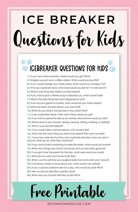 Check out these 100 funny icebreaker questions for kids to get to know each other! These fun icebreaker questions will help your students get to know each other. Fun & simple ice breaker will get your student talking! Best ice breaker questions for kids. Get the best ideas for teacher resources, school and classroom activities, and resources for elementary schools at roommomrescue.com! Ice Breaker Questions, Ice Breaker Games, Icebreakers For Kids, Funny Icebreaker Questions, Fun Icebreakers, Classroom Icebreakers, Funny Ice Breakers, Icebreaker Activities, Lessons For Kids