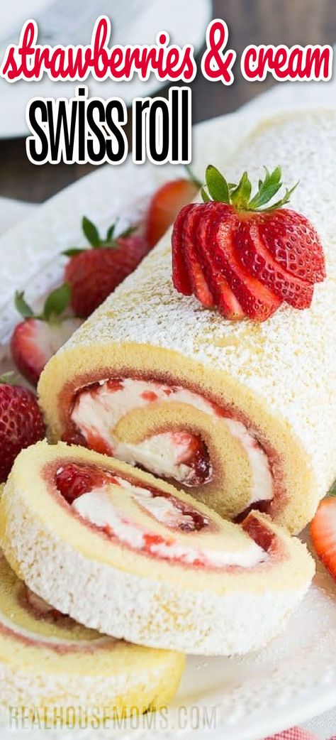 Strawberries and cream swiss roll on a plate with slices of cake and a sliced strawberry on top. Jelly Rolls, Desserts, Brunch, Snacks, Pie, Cake, Strawberry Roll Recipe, Strawberry Swiss Roll Recipe, Strawberry Jelly Roll Recipe