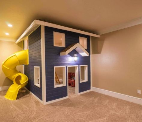 12 Incredible Indoor Playhouses Playhouse With Slide, Kids Indoor Playhouse, Indoor Playhouse, Basement Play Area, Indoor Playroom, Playhouse Plans, Kids Basement, Kids Playroom, Two Story Playhouse