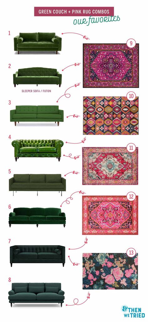 Perfect green couch and pink rug pairings for a bright and colorful living room Sofas, Interior, Green Couch Decor, Green Sofa Decor, Green Couch, Green Couches, Green Living Room Furniture, Orange Couch, Green Sofa