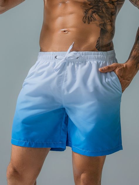 Blue and White Vacation   Polyester Ombre Bottoms  Non-Stretch  Men Swimwear Shorts, Outfits, Mens Swim Shorts, Mens Swim Trunks, Mens Swimwear, Men Swimwear, Mens Trunks, Men Beach, Mens Outfits