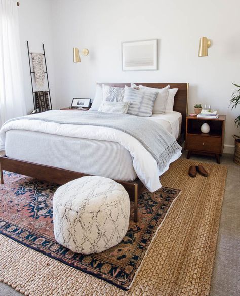 Layered Love | How to Style Rugs on Carpet — Scout & Nimble West Elm Bedroom, Eclectic Design Style, Rug Over Carpet, Shipping Furniture, Eclectic Bedroom, غرفة ملابس, Decoration Bedroom, Bedroom Carpet, Design Furniture