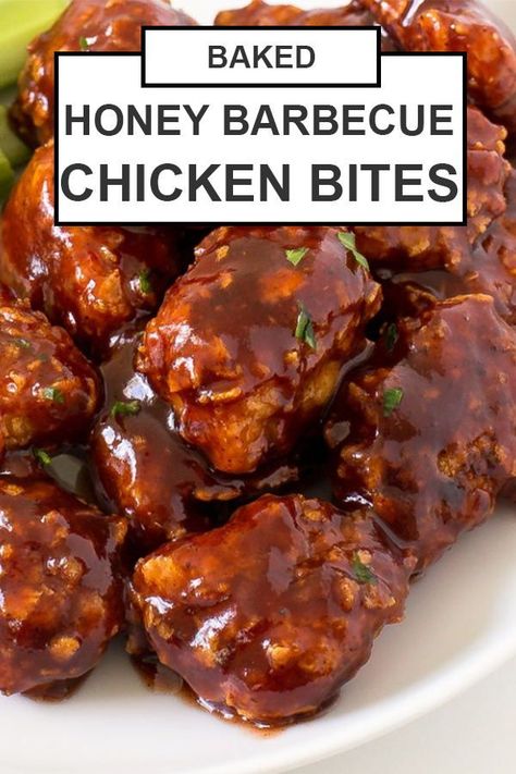 Baked Honey Barbecue Chicken Bites coated in crunchy cornflakes and tossed with a sweet Honey Barbecue Sauce! Perfect as an appetizer or for dinner! Dips, Lunches, Desserts, Ideas, Honey Bbq Chicken, Bbq Chicken Bites, Honey Barbecued Chicken, Honey Barbeque Chicken, Bbq Sauce Chicken
