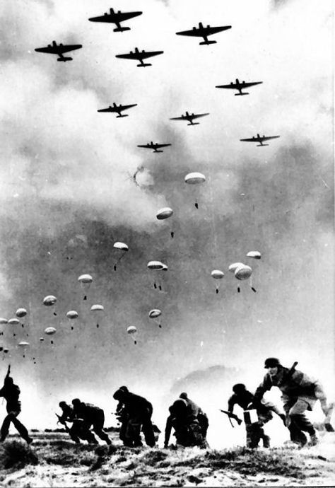 German propaganda photo of the invasion of Crete, dropping Fallschirmjäger, from Junkers Ju-52s. Vietnam, Ww2, War, Narvik, Designers, Ww2 Photos, Wwii Photos, Historical Photos, Wwi