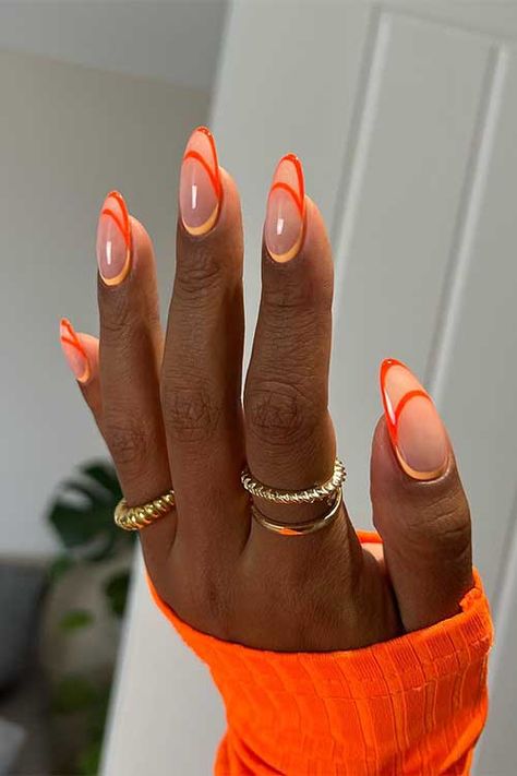 negative space French tip nails Red Orange Nails, Orange Acrylic Nails, Orange Nail Designs, Dipped Nails, Orange Nail Art, French Tip Design, Peach Nails, Different Color Nails, Nail Ideas For Fall