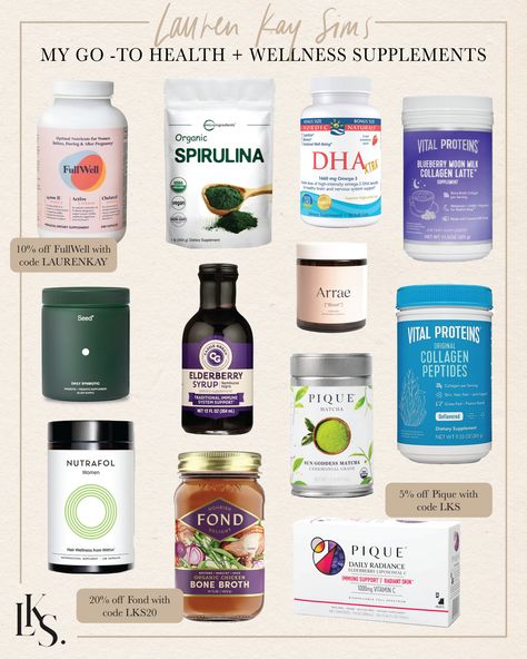 my go-to health + wellness supplements - Lauren Kay Sims Nutrition, Health Products, Fitness, Health Supplements, Holistic Nutrition, Superfood Supplements, Healthy Supplements, Best Supplements, Health Remedies