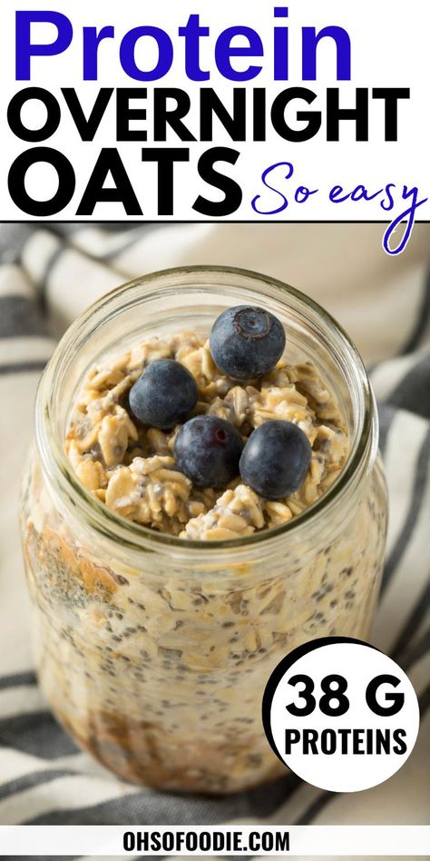 Text reads Protein Overnight Oats - Proats Recipe Overnight Oats Protein Powder, Overnight Oats Greek Yogurt, Protein Overnight Oats Recipe, High Protein Overnight Oats, Dairy Free Overnight Oats, Rolled Oats Recipe, Oats With Yogurt, Eat More Protein, Oats Protein
