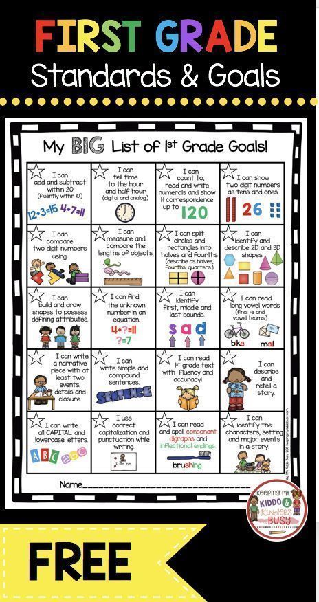 FREE first grade goal chart - I Can Statements - common core aligned - printable leader chart - SMART goals freebie printable #firstgrade #goalsetting #freebie First Grade, Writing, Grade, Subtraction, List, Ten, Goals