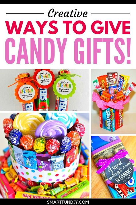 40+ creative candy gift ideas for teachers, graduation, coworkers, and even GUYS! Everyone loves candy - be sure to SAVE these clever affordable candy gift ideas to give for every occasion #smartfundiy #candy #gift #dollarstore #affordable #cheap #giftidea Teacher Gifts, Valentine's Day, Homemade Gifts, Ideas, Gift Ideas, Candy Gift Baskets, Gifts For Kids, Candy Gifts, Cheap Gifts