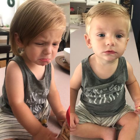 Before and after of my 14mo big boy haircut! Toddler Boy Haircuts, Toddler Boy Haircut Fine Hair, Toddler Haircut Boy, Baby Boy Haircuts, Boys First Haircut, Baby Boy First Haircut