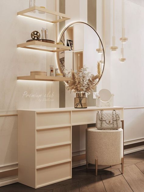 Luxury round mirror dressing table with stool and small shelves on side design ideas Home Décor, Interior Design, Interior, Design, Dressing Room Design, Dressing Table Design, Bedroom Dressing Table, Small Dressing Table, Bedroom Design
