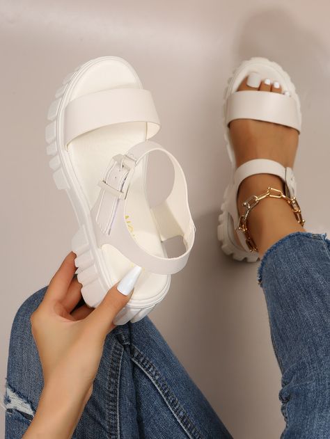 Beige Fashionable Collar   Plain Wedge Sandals Embellished   Women Shoes Outfits, Ankle Strap Wedges, Sandals With Heels, Heel Sandals Outfit, Sandals With Straps, Wedge Sandals Outfit, Platform Sandals, Strap Sandals, Wedge Shoes